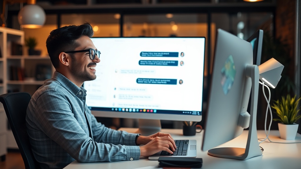 Small business owner managing customer service through AI dashboard with multiple support channels and automation metrics visible on dual monitors