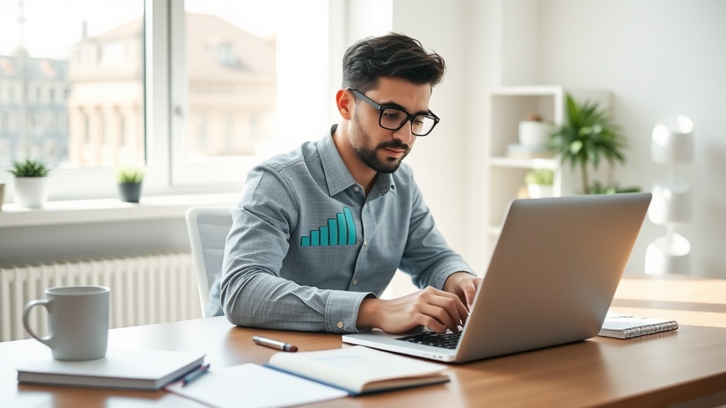 Small business owner reviewing AI-generated marketing analytics and performance metrics on computer screen with notebook