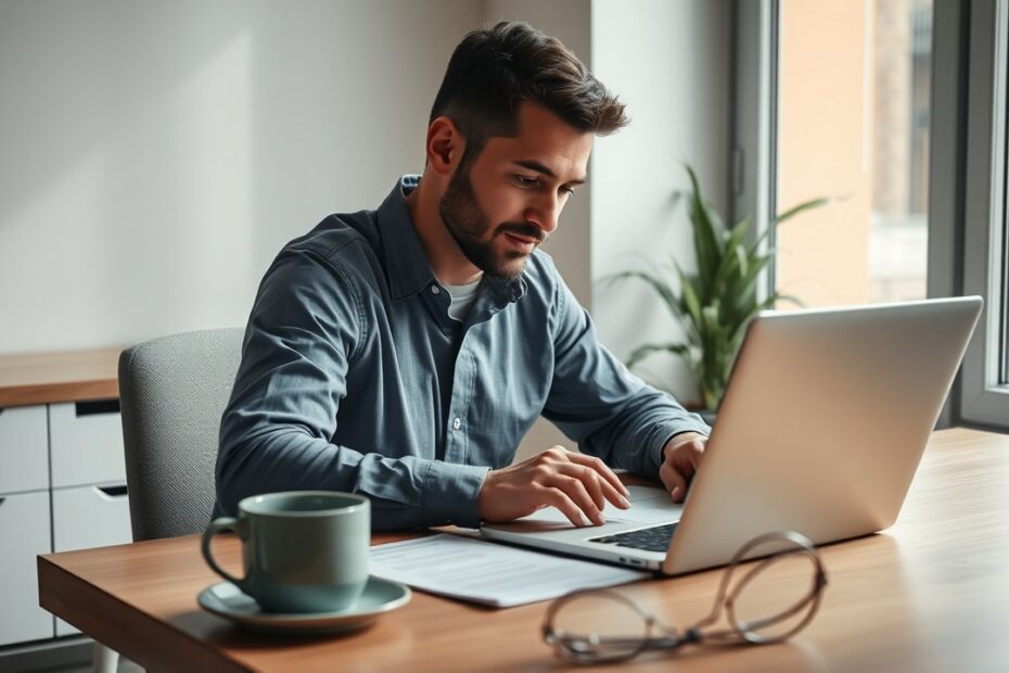Business owner reviewing document with AI proofreading tool