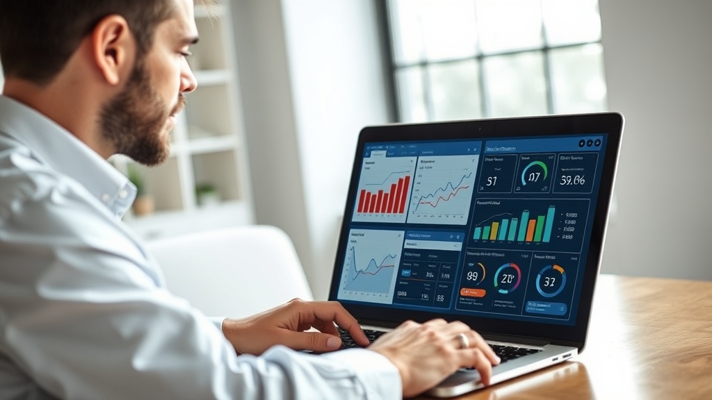 Small business owner working confidently at desk with laptop and sales dashboard on phone, modern workspace with natural light