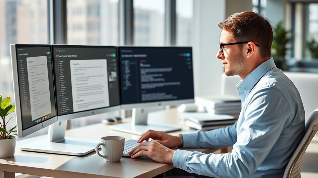 Small business owner evaluating AI-generated content on laptop screen at desk