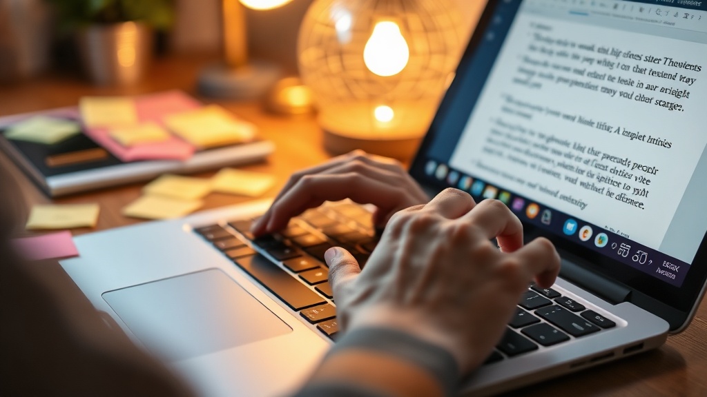 Workspace showing laptop with writing tools, notebook, and coffee while editing AI content